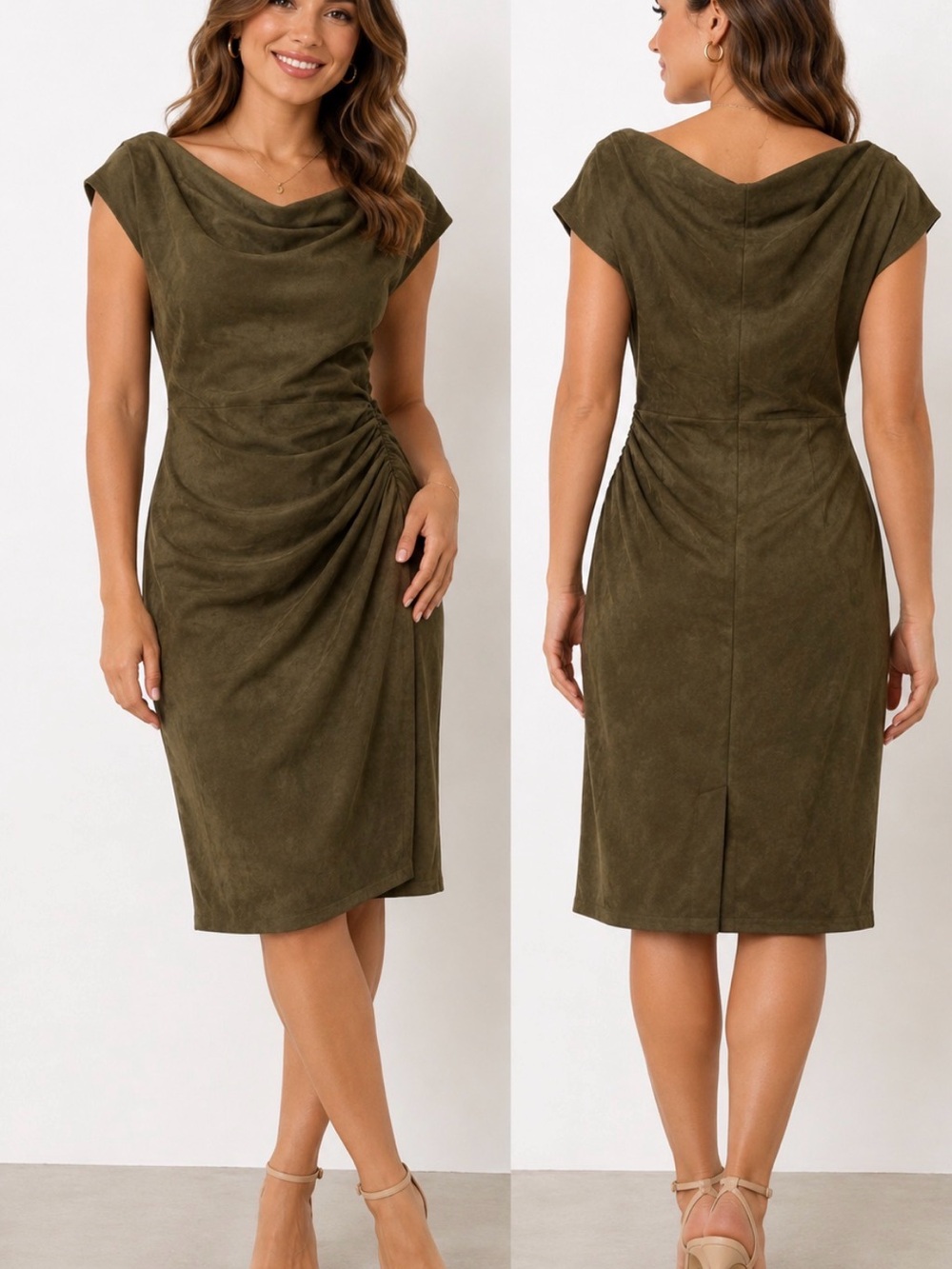 Gibson Latimer Size L Olive Green Draped Ruched Midi Dress NWT